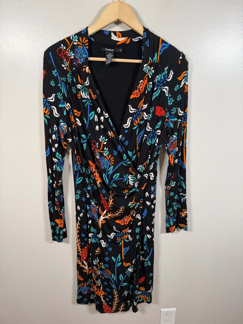 Desigual Bridie Faux Wrap Dress Size XL Floral Black Art to Wear Work Career